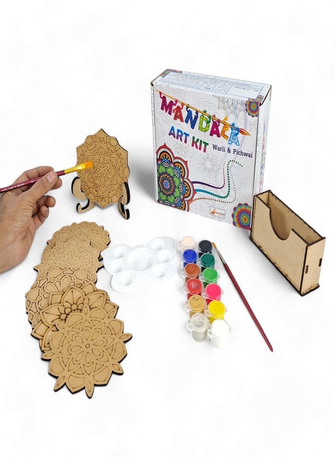 ستيبس تو دو مجموعة طلاء ماندالا خشبية من StepsToDo، تتضمن مجموعة قواعد أكواب الشاي. فن الماندالا. مجموعة من 6 قواعد أكواب محفورة مسبقًا مقاس 4 بوصات، مع علبة وألوان وفرشاة طلاء وحامل وصحن. - Image 2